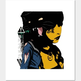 Black Cat Japanese Cyberpunk Posters and Art